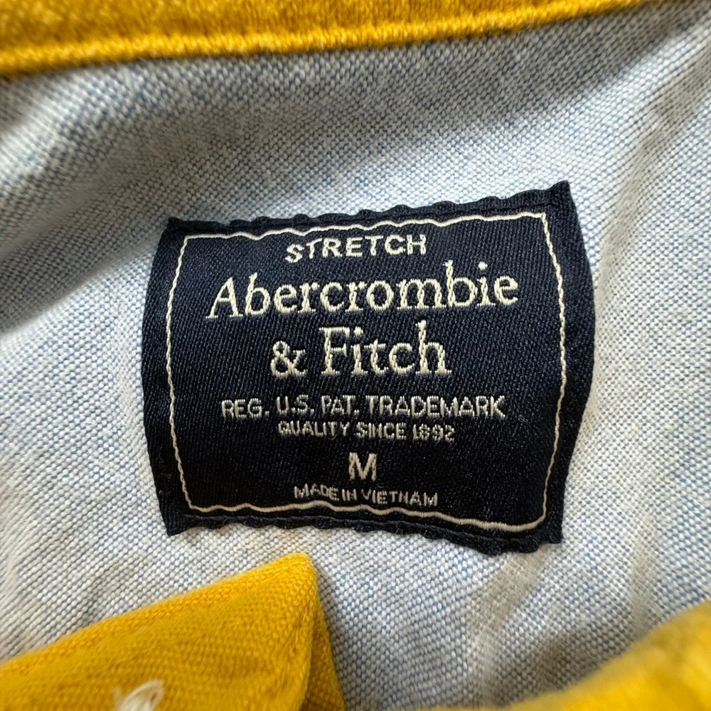 Abercrombie & Fitch Mens M Stretch Button Down Shirt Yellow Moose Logo Chamois - Picture 3 of 9